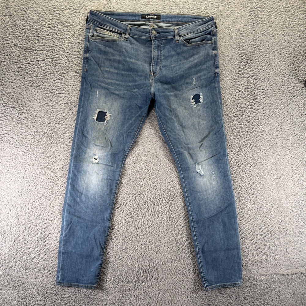Express Jeans Mens 39x32 Blue Cotton Denim Skinny Leg Distressed Faded Stretch